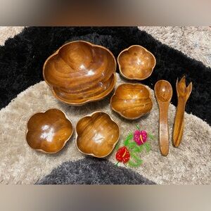 vintage mid-century monkey pod wood salad bowl set serving utensil tiki phillipi